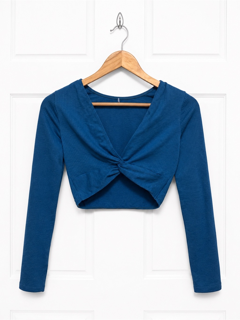 JoyLab Teal Blue Ribbed Twist Front Long Sleeve Crop Top Small Thumbholes
